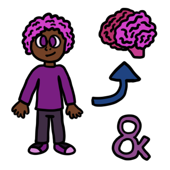 a dark skinned person stands and stares at the camera with a slight smile. they have a purple outfit, purple eyes, and light pinkish purple curly hair. a blue arrow next to them points to a brain, one half with the same color as their hair, and the other half a darker pink color, the brain stem being a shade between them. there's a purple ampersand on the bottom right of the symbol.